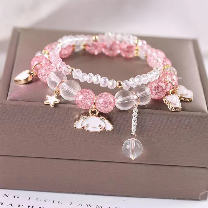 Sanrio Anime Summer Clear Jade Osmanthus Dog Bracelet Lovely Sweet Girl Student Crystal Bead Chain Animation Derivatives Gift