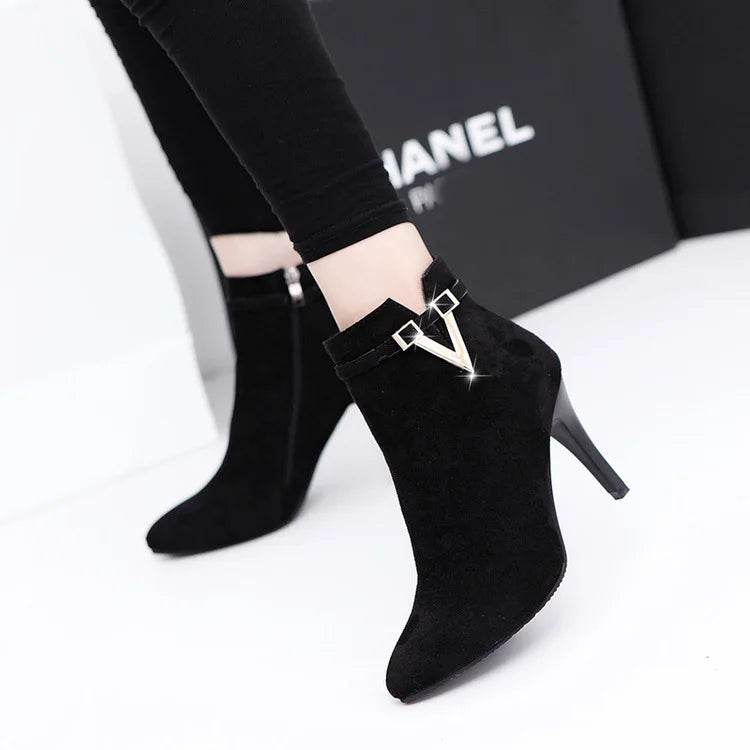 Botas Mujer Invierno  Autumn Stiletto Thin High Heels Woman Pointed Toe Pu Leather Zipper Sexy Ankle Women Boot Botines Chelsea