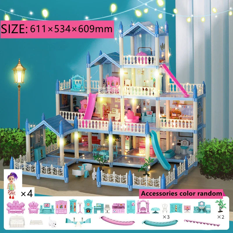 3d Assembly Diy Doll House Miniature Model Doll House Accessories Villa Princess Castle Led Lights Girl Birthday Gift Toy House