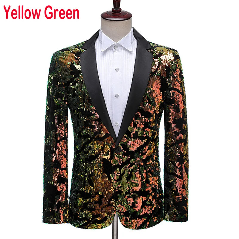 Shiny Green Sequins Bling Glitter Blazer Men 2023 Shawl Collar One Button Tuxedo Suits&Blazer Mens Wedding Party Stage Costumes