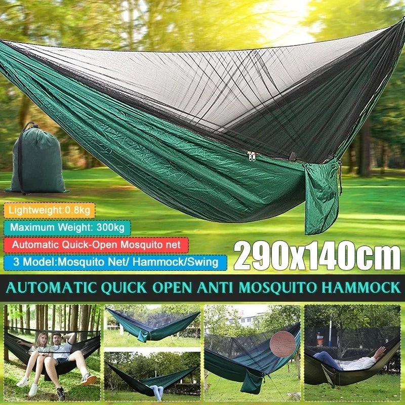 Double Travel Camping Hammock with Mosquito Net,Backpacking Portable Parachute 5+1 Ring Strap Hammock