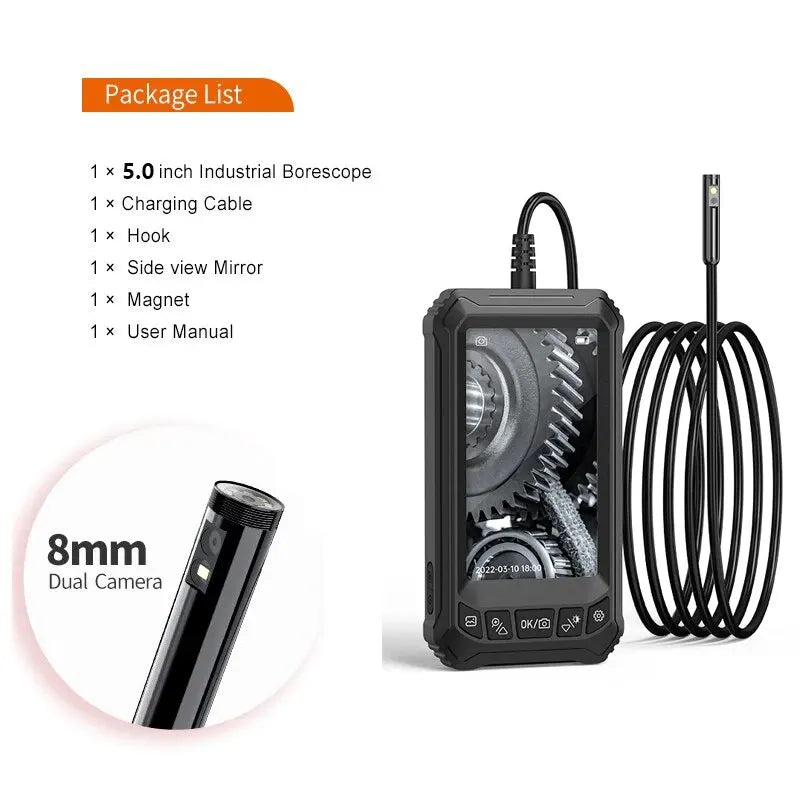 5.0Inch IPS Industrial Endoscope Camera 8mm HD1080P Dual & Single Lens Inspection Tool Borescope Waterproof For Car Sewer Piping