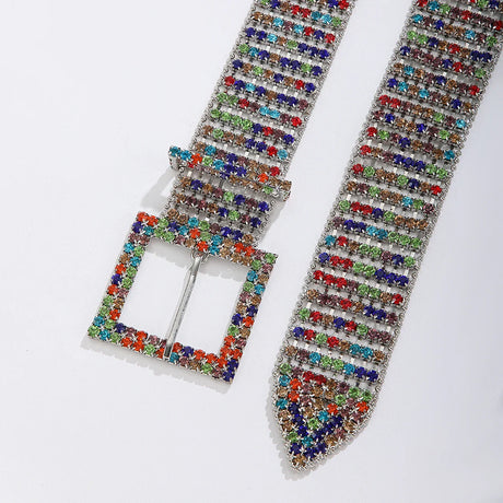 Fashion Waist 8 Rows Silver Plated with Colorful Rhinestones Decor Women`s Chain Belts