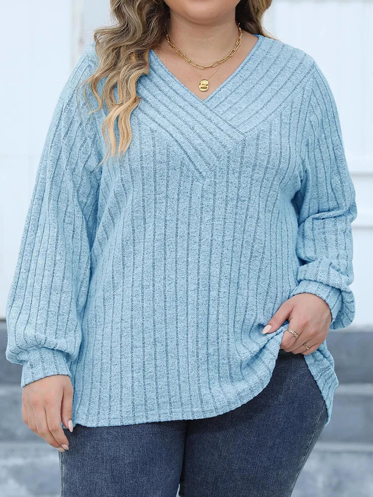 GIBSIE Plus Size Long Sleeve T Shirts for Women Spring Fall Fashion V Neck Solid Ribbed Knit Casual Tee Tops Female 2023 Clothes