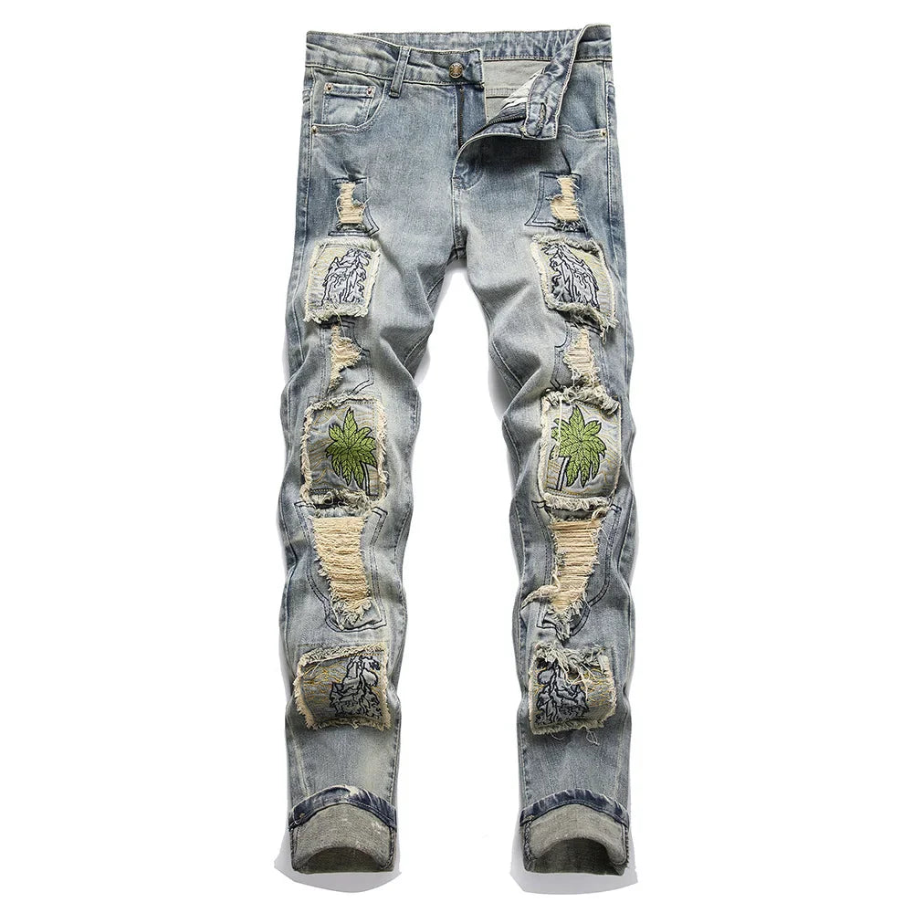 Men Embroidery Patches Denim Jeans Holes Ripped Distressed Pants Slim Tapered Vintage Blue Stretch Trousers