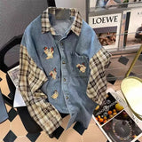 Men's Plaid Stitching Denim Shirt Women's Autumn New Loose Casual Long-sleeved Shirts Jacket Retro Single-breasted Pocket Tops