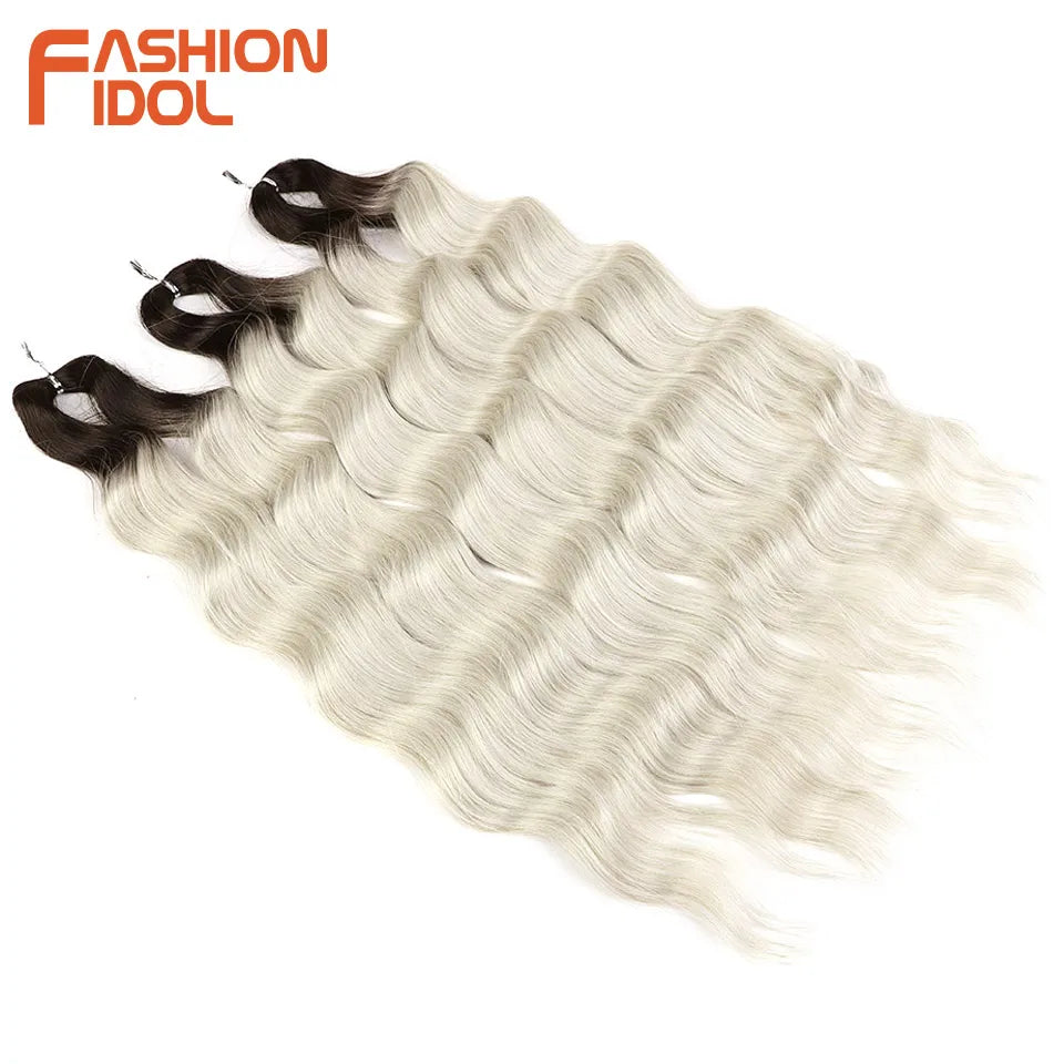 FASHION IDOL Lena Hair Synthetic Deep Wave Braiding Hair Extensions 24 Inch Water Wave Crochet Braid Hair Ombre Blonde Fake Hair