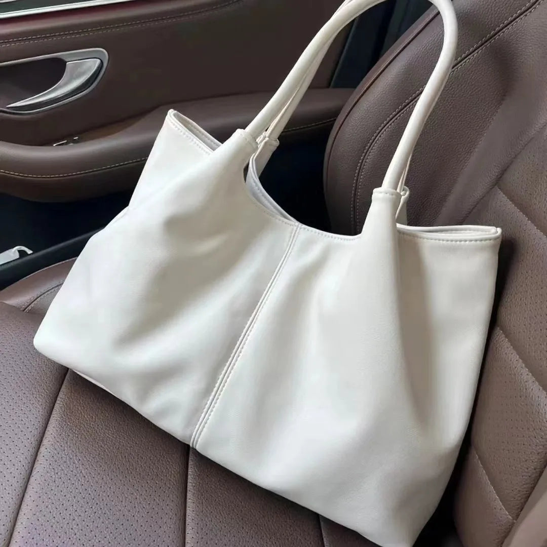 Simple White Shoulder Bag 2023 Women's PU Leather Soft Underarm Tote Bag School Large Capacity Bag Full Student Shopping Handbag