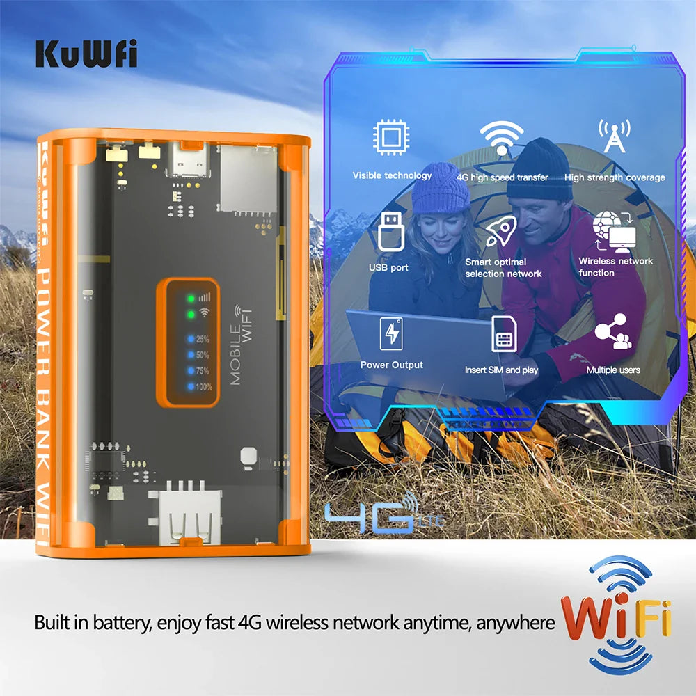 KuWFi 5200mAh 4G LTE Router Proteble Mobile Travel Router 150Mbps Wireless Wi-Fi Hotspot USB Output TypeC Charging SIM Card Slot