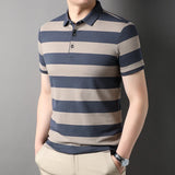 Summer Men's Polo Shirts With Short Sleeve Business Stripes Print Casual Tops Fashion Sport Wear Oversized T Shirts Man Clothes