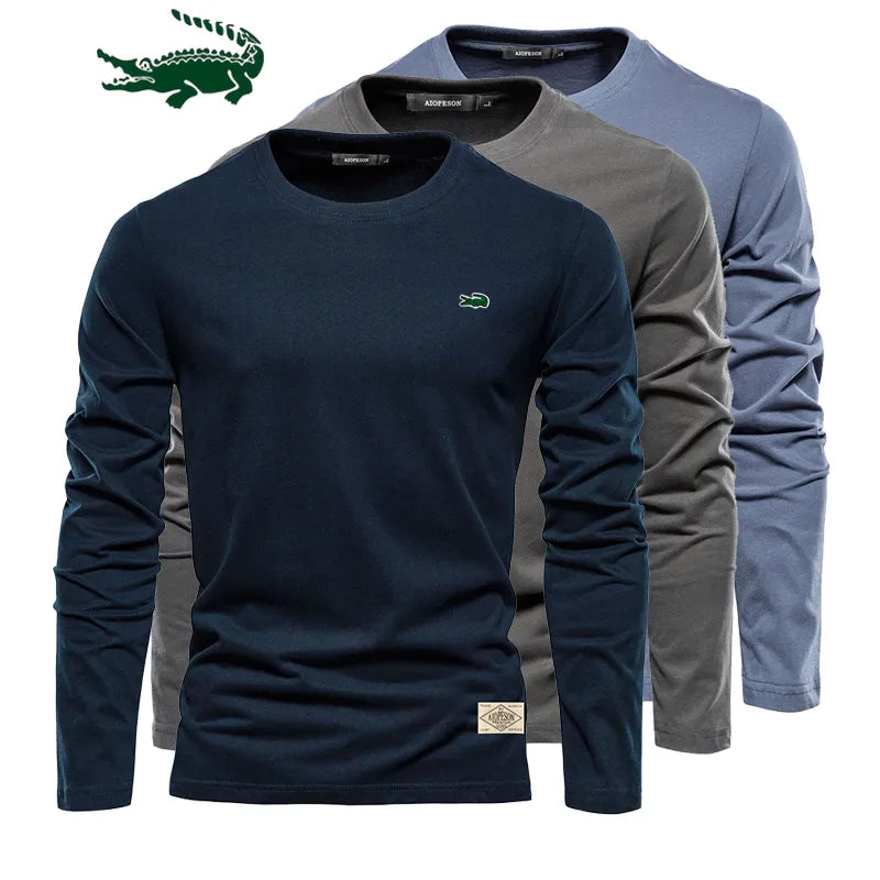 100% Cotton Long Sleeve T Shirt For Men Embroidery Casual Mens T-shirts High Quality Male Tops Classic Clothes Men's T-shirts