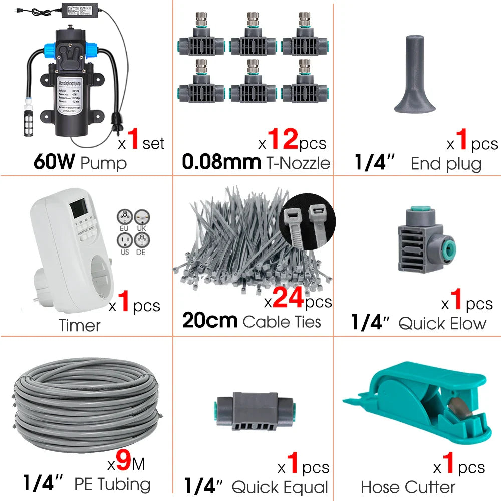 Garden 60W Self-Priming Pump Timer Mistsing Irrigation Kit for Greenhouse 1/4”Hose Sprayer Nozzle Automatic Irrigation Equipment