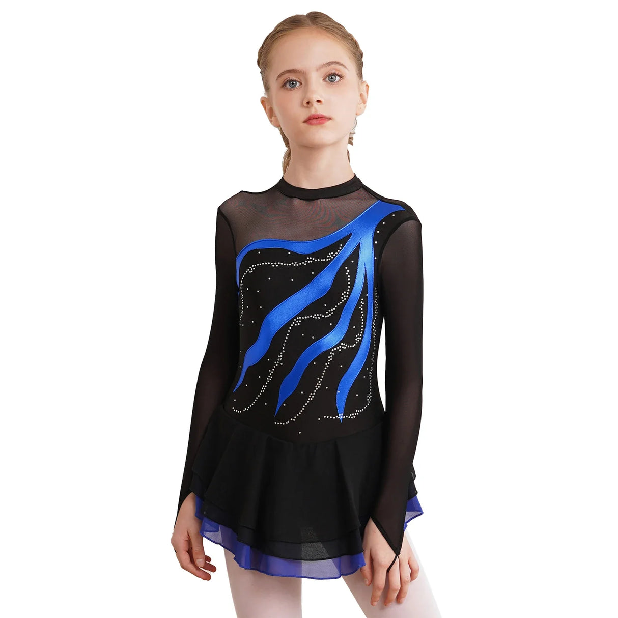 Figure Ice Skating Dress Kids Girls Long Sleeve Rhinestone Ballet Tutu Dance Dresses Gymnastics Leotards Performance Costume