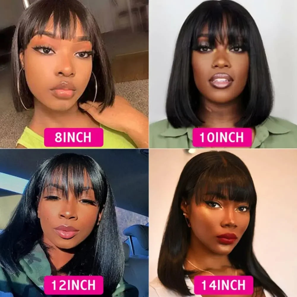 Short Bob Wig With Bangs Brazilian Remy Human Hair Wigs Full Machine Lace Realistic Scalp Glueless Straight Bob Wig With Bangs