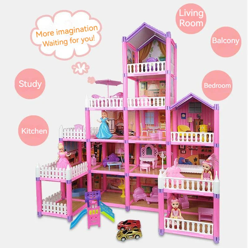 Kids Toy Simulation Doll House Villa Set Pretend Play House Assembly Toys Princess Castle Bedroom Girls Gift Toy For Children