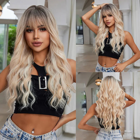 Blonde Unicorn Ombre Brown Blonde Synthetic Wig Long Wavy Wigs with Bangs Daily Cosplay Party Use Heat Resistant Fiber for Women