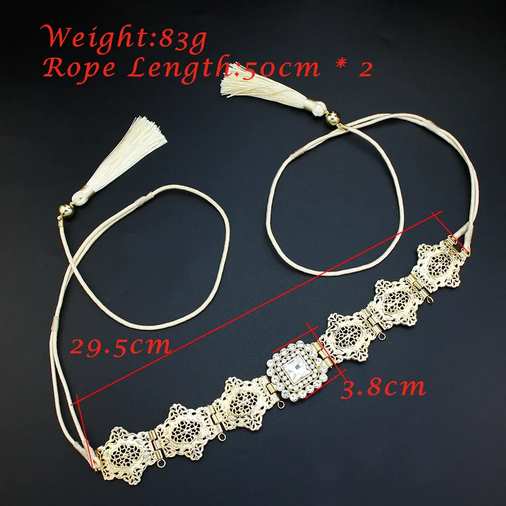 Sunspicems Gold Color Women Tassels Belt Hand Rope Waist Chain Crystal Morocco Bride Dress Belt Arabic Jewelry Thin Metal Sash