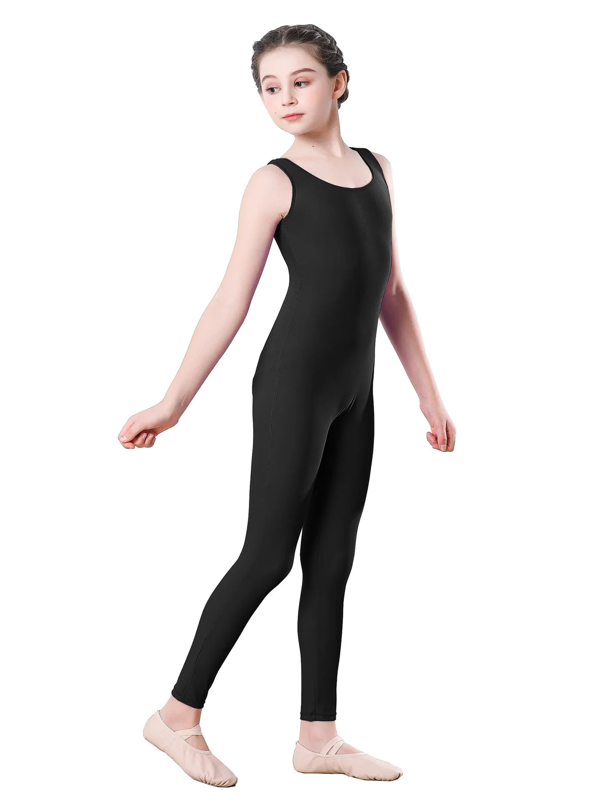 AOYLISEY Girls Black Tank Sleeveless Unitard Gymnastics Bodysuit Boys Spandex Full Body Kids Jumpsuit Scoop Neck Dance Costumes