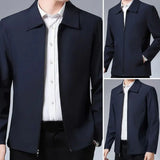 Two Side Zipper Pockets Men Jacket Elegant Mid-aged Men's Lapel Jacket Stylish Zipper Closure Straight Fit Soft for Formal