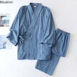 New 2024 Men's Solid Japanese Kimono Pajamas Casual Sleepwear Male Lace-Up Top and Pants Sets Soft Two-piece Homewear Suit Male