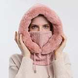 New Winter Women 3in1 Knitted Ski Hat with Scarf Neck Warmer Fleece Lined Hood Face Mask Adult Balaclava for Outdoor Sports