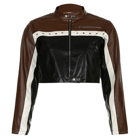 KOXINVES Punk Motorcycle Style Women's Coat 2024 Spring Rivet Zipper Pocket PU Leather Contrast Color Chic Hort Jacket WS247