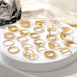 23pcs Hiphop Gold Color Geometric Wheat ear Rings Set For Women Girls Punk Star Moon Eye Wave Finger Rings Jewelry Party Gifts