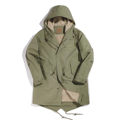 Maden Men's Thick Hooded M-51 Fishtail Cotton Coat Plus Velvet Parka Jacket Army Green Windbreaker Winter Autumn Men Trench Coat