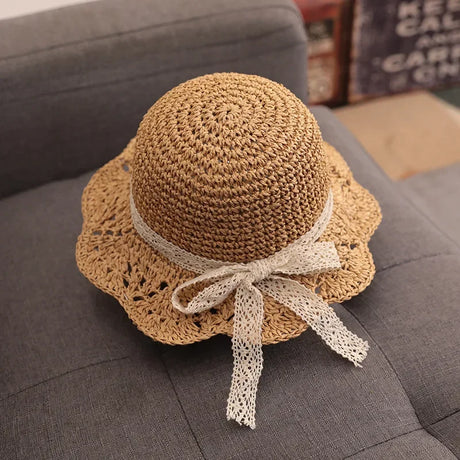 Fashion Baby Petal Brim Straw Woven Hat Sun Protection Lace Cap Kids Girls Princess Collapsible Beach Cute Infant Bucket Hats