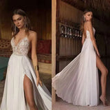 Boho Wedding Dress Sexy Slit Beach Wedding Dress V Neck Bridal Gown Spaghetti Strap Chiffon Backless Vestido De Noiva Brautkleid