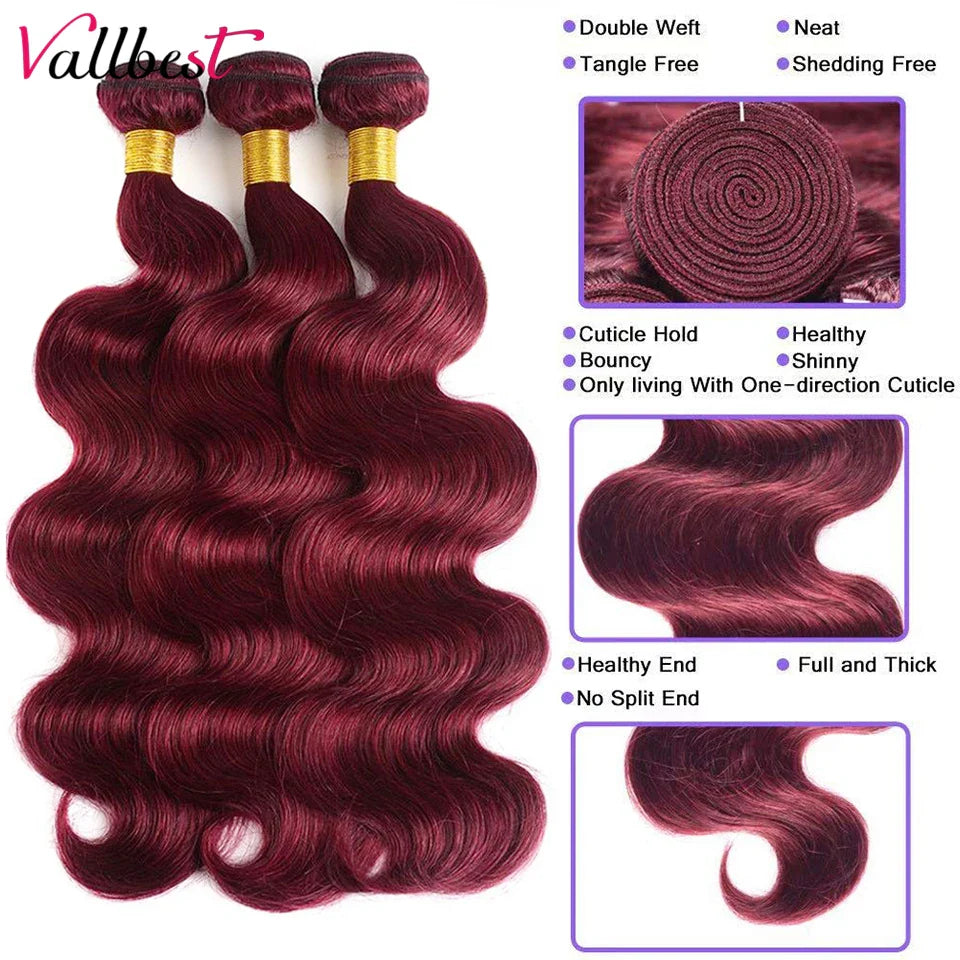 Vallbest 32 Inch 99J Body Wave Bundles With Closure Brazilian Wavy Burgundy Human Hair Bundles With 4x4 Lace Closure Remy Hair