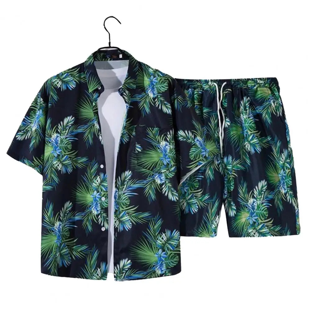 2Pcs/Set Lapel Short Sleeve Single Breasted Drawstring Pockets Men Tracksuit Coconut Tree Print Shirt Loose Shorts Sport Suit St