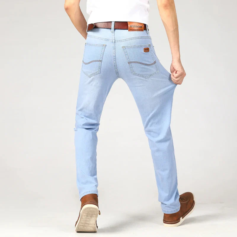 Summer Men's Stretch  Classic Style Business Jeans Casual Straight Slim Fit Versatile Men's High Quality Sky Blue Denim Trousers