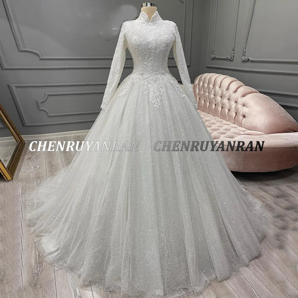 Sparkle Muslim Wedding Dresses For Women 2023 Cover Back Long Wedding Gowns A-Line Luxury Elegant Bride Dress vestidos de noviaS