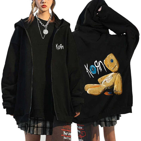 Korn Rock Band Sweatshirts WORLD TOUR Hoodies Cartoon Vintage Metal Gothic Streetwear Zip Up Jackets Tops Fleece Oversized Coats