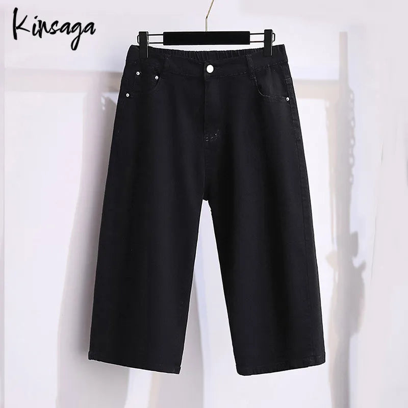 Plus Size Capris Jeans Bermudas Women 7xl Extra Large Simple Classic Elastic High Waist Straight Leg Cropped Demin Pants Female