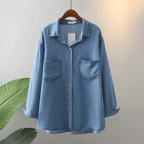 Plus Size Women's Clothing Blouses＆Shirt Spring And Autumn Denim Shirt Long-Sleeved Lapel Shirt Thin Soft Basic Shirts Oversize