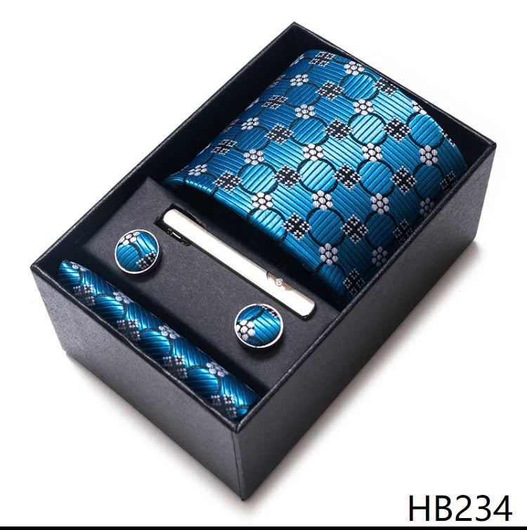 Luxurious Dropshipping 8 cm Birthday Gift Silk Tie Hanky Pocket Squares Cufflink Set Tie Clip Necktie Box Geometric