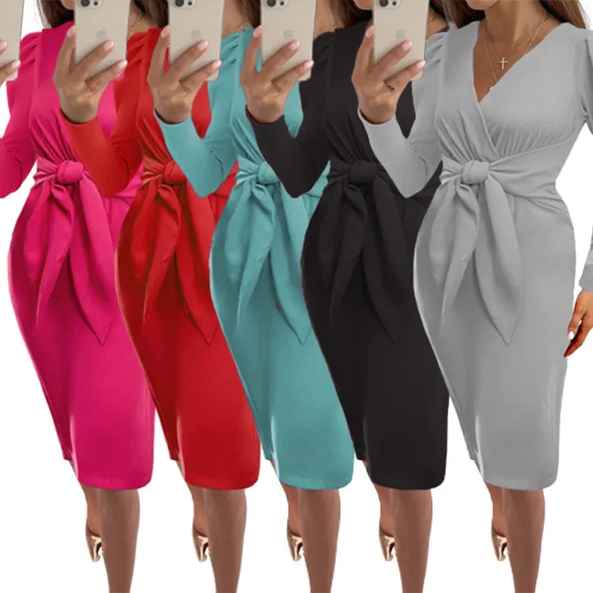 European and American women's V-neck zipper with waistband tight fitting fashionable and sexy long sleeved dress