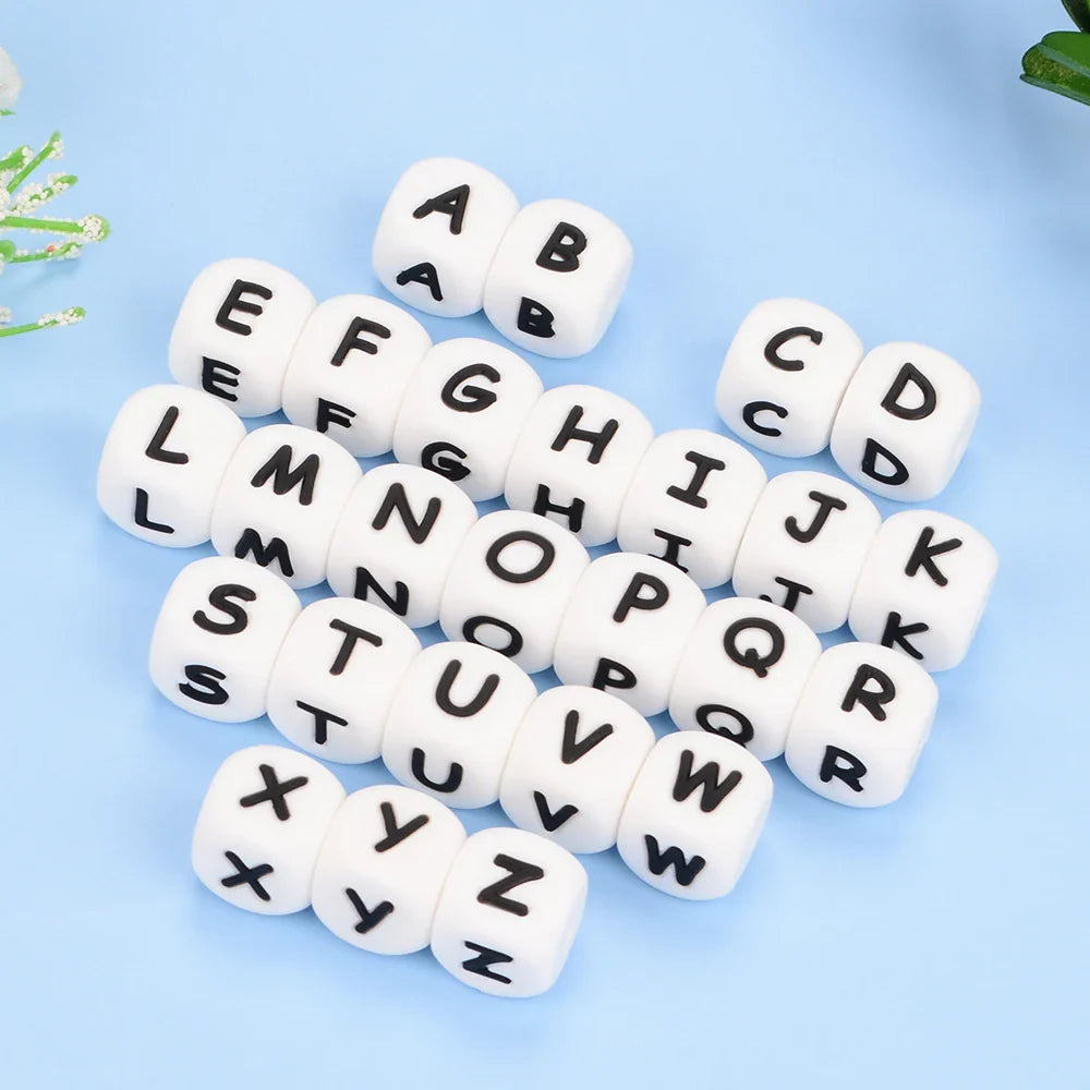 LOFCA 12mm 100pc Food Grade Silicone Baby Teeth Beads Pacifier Chain BPA Free Loose Chew Alphabet Beads Personalized Name DIY