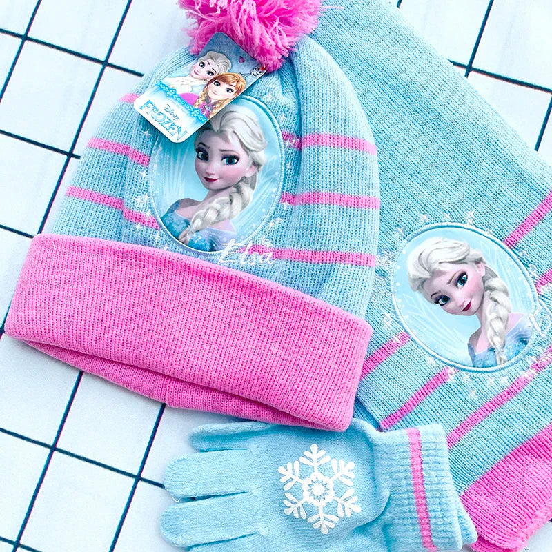 Disney New Autumn and Winter Cute Children Ice and snow Elsa Cartoon Scarf Hat glove three-piece Warm Boy Girl Child hat