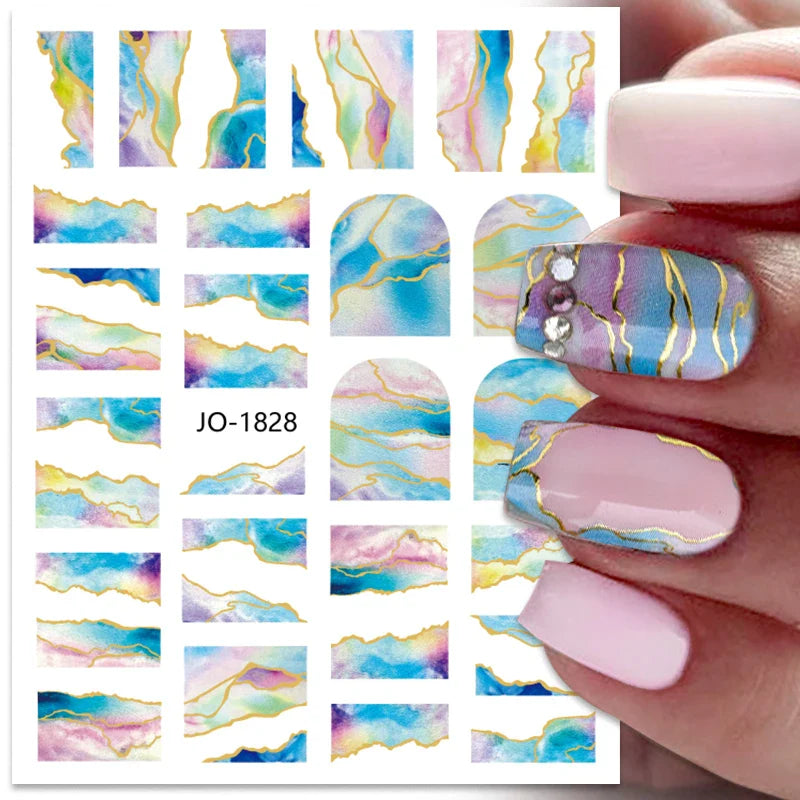 3D Silver Frame Nail Sticker Silver Bronzing Stripe Lines Sliders For Nails Tribal Pattern Decals Marble Blooming Nail Tattoos