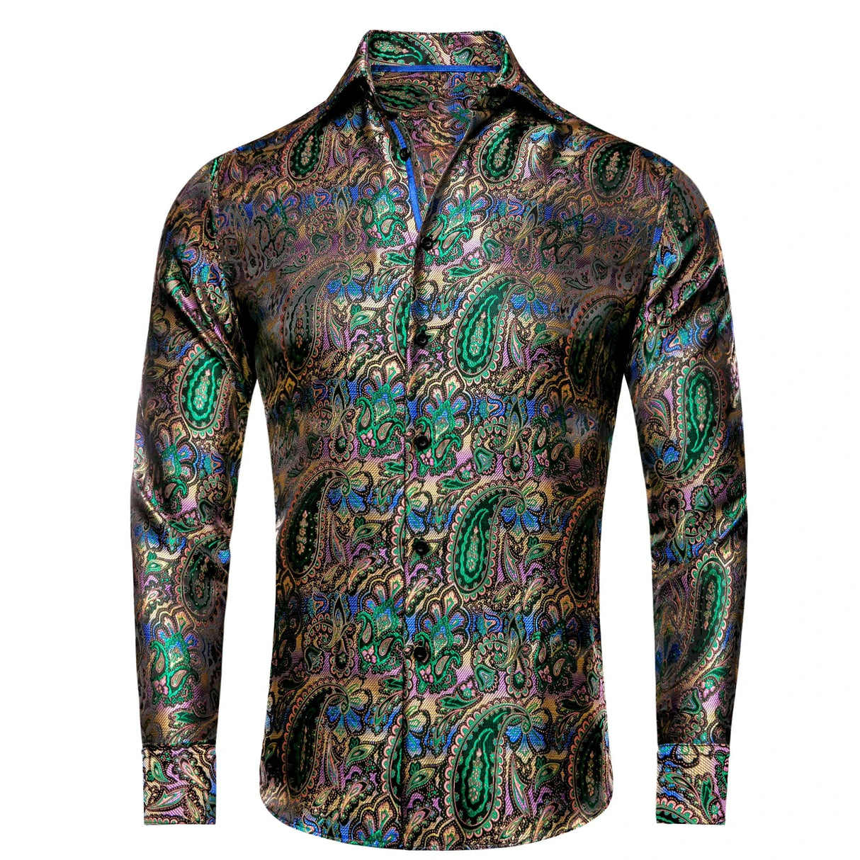 Hi-Tie Gold Luxury Mens Shirts Silk Jacquard High Quality Long Sleeve Lapel Shirt Casual Formal for Male Wedding Business Gifts