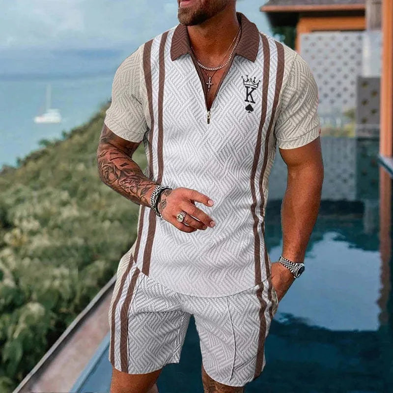 New Summer Men's Suit Trend 3D Printing Zipper Polo Shirt + Shorts Two Piece Set Soft Fashion Casual Men Clothing Tracksuit Set