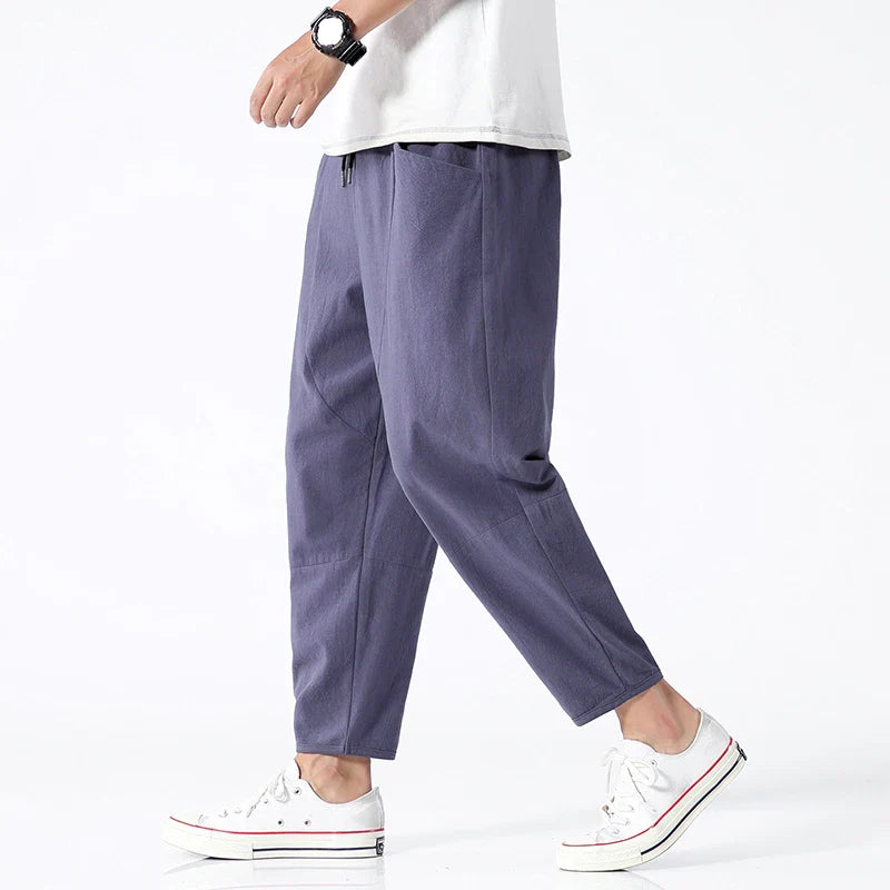 100% Cotton Summer Casual Pants Man Trendy Japanese Cropped Pants Loose Pants Men 5xl