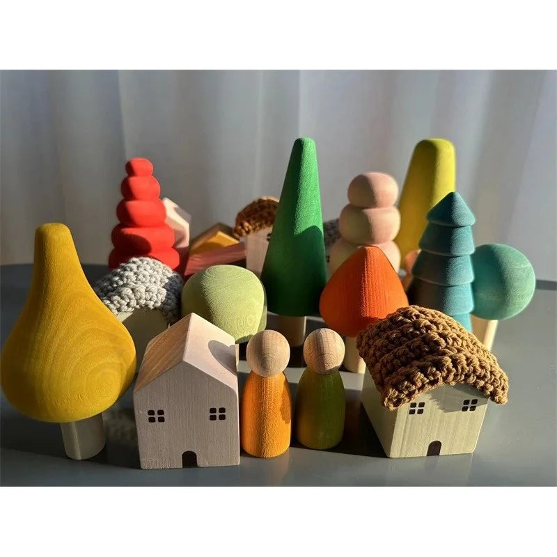 Kids Wooden Toys Pastel Nordic Buiding Blocks Stacking Crochet House  Animals Rainbow Forest Trees