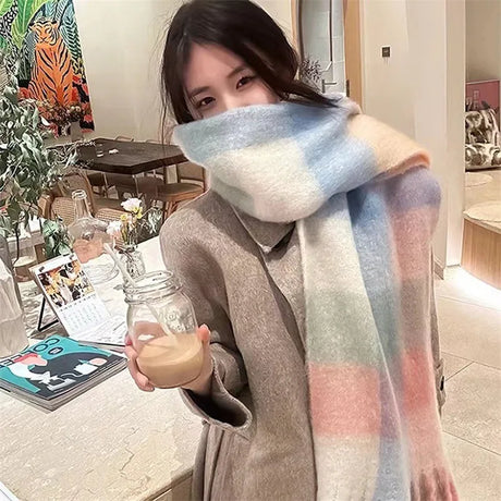 Winter Women Plaid Scarf Winter AC Pamanhmina Shawls Cashmere Thick Wraps Lady Tassel Warm Scarves Rainbow Hairy Bufanda Man