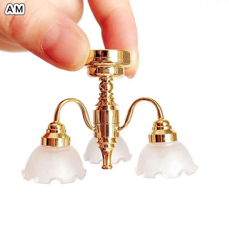 1:12 Dollhouse Miniature Led Golden Ceiling Lamp Chandelier Home Lighting Model Furniture Decor Toy Doll House Accessories