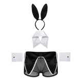 Mens Waiter Tuxedo Lingerie Sexy Cosplay Costume Role Play Uniform See Through Briefs Underwear with Bunny Ears Headband Collar