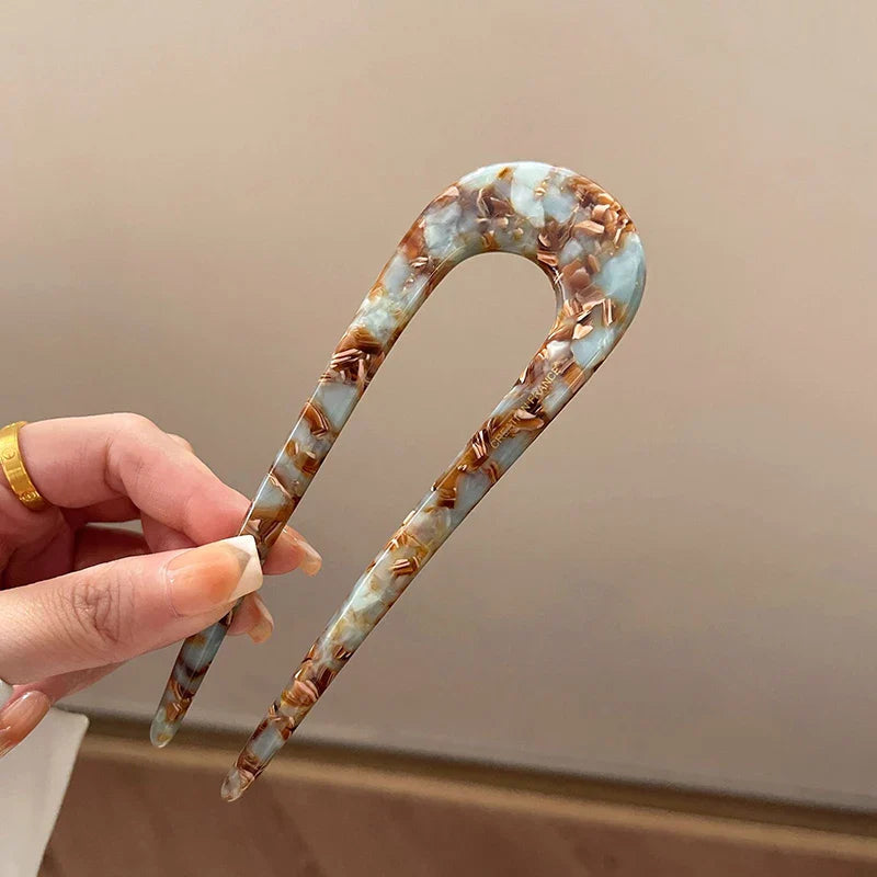 Trendy U-Shaped Acetic Acid Hairpin Girls Hair Fork Hair Clips Colour Marble Print Hair Sticks Women Headwear Hair Accessories